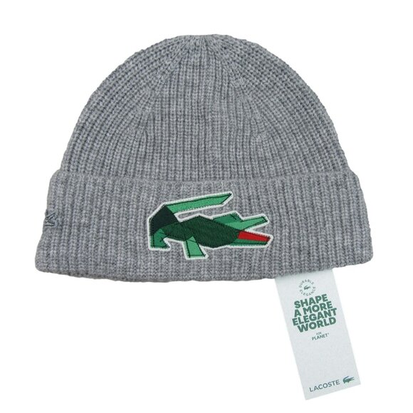 Lacoste Other - Lacoste Crocodile Big Patch Grey Wool Beanie Cap One Size NEW
